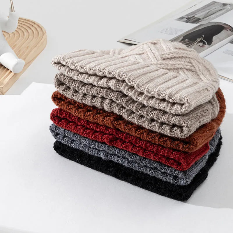Wool knitted women's winter hat with dome crown in six colour options showing ivory white, khaki, ankela red, golden brown, goddess gray and obsidian black variations