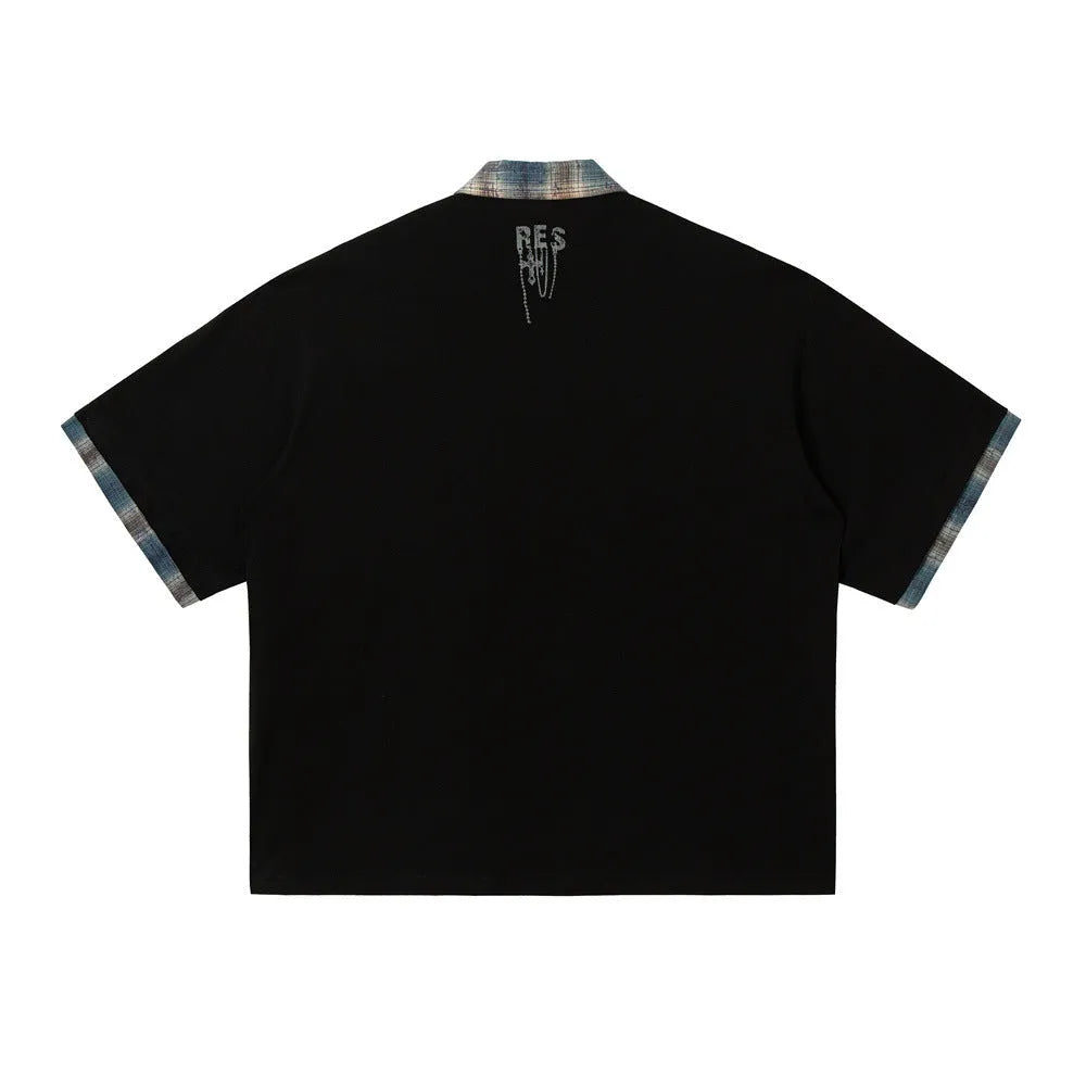 Men's loose fit cotton short-sleeved top with lapel and asymmetric graffiti print design in street style