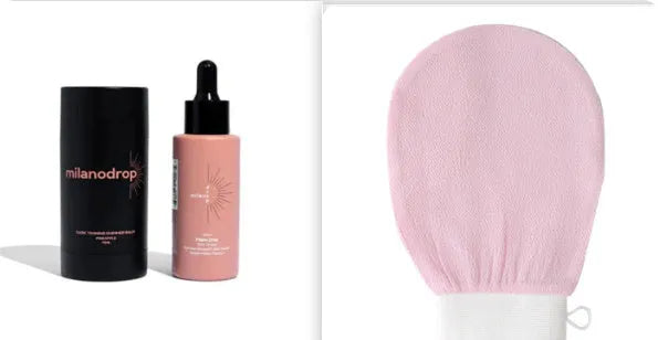 Matte Sun Tanning Black Liquid kit showing 50ml tanning drops bottle and 75ml tanning flash cream tube.