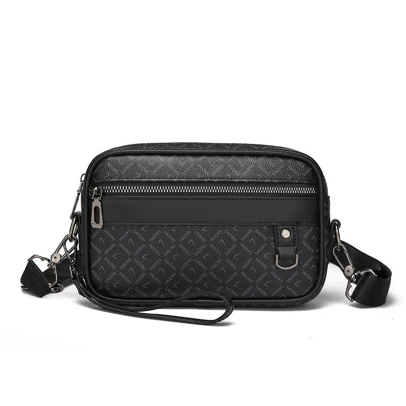 Men's geometric pattern PU leather messenger bag in horizontal handheld design with large capacity