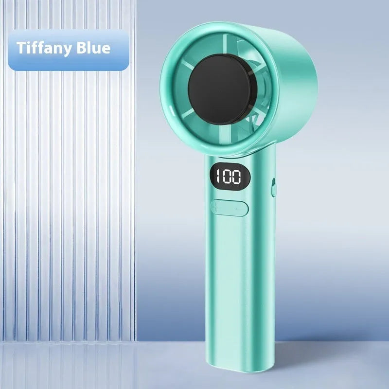 Handheld USB fan with brushless motor showing 120 speed settings and 1800mAh battery capacity