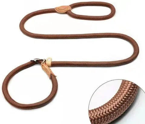 Brown nylon dog lead with P chain section and hand holding rope, 2.1 metres long