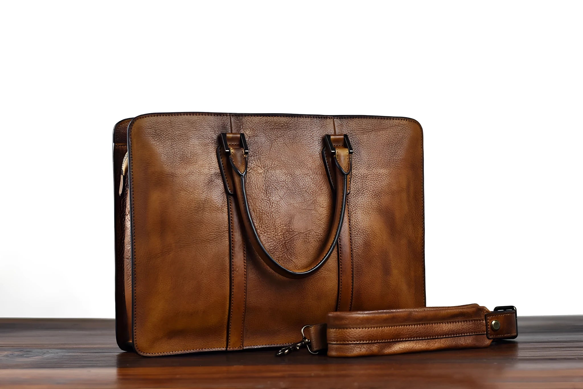 Men's 14 inch horizontal square leather business handbag in khaki or black colour
