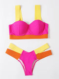 Women's contrast colour push-up bikini set with steel bracket support in Rose Red, Black, or Peacock Blue Nylon fabric