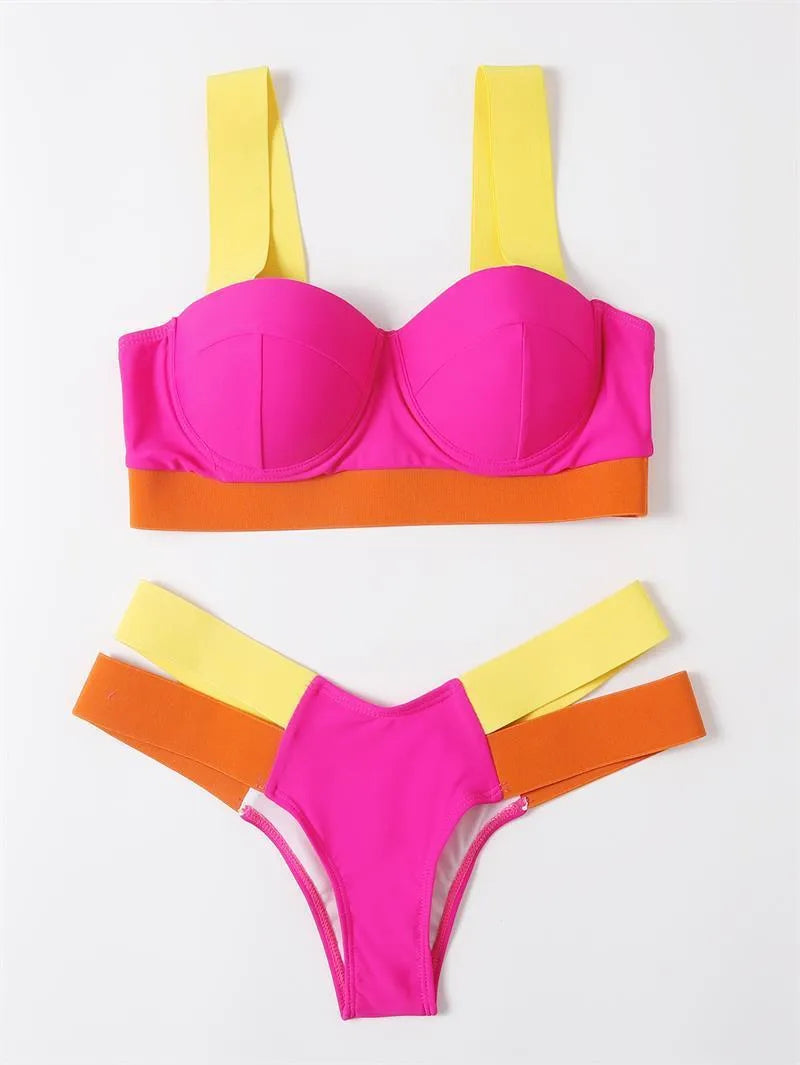 Women's contrast colour push-up bikini set with steel bracket support in Rose Red, Black, or Peacock Blue Nylon fabric