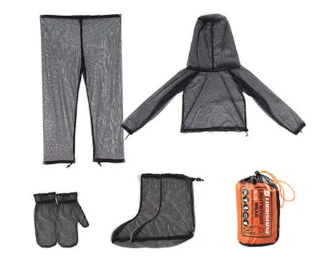 Four-piece anti-mosquito canopy suit set including hooded jacket, trousers and booties for outdoor activities