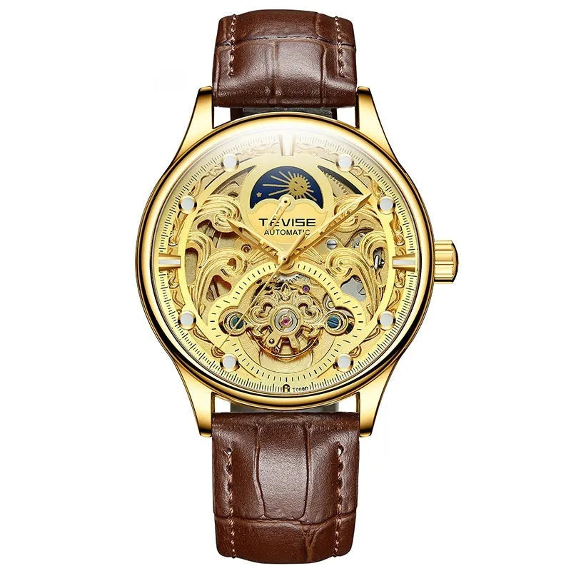 Men's automatic waterproof mechanical watch with 16mm case and leather strap