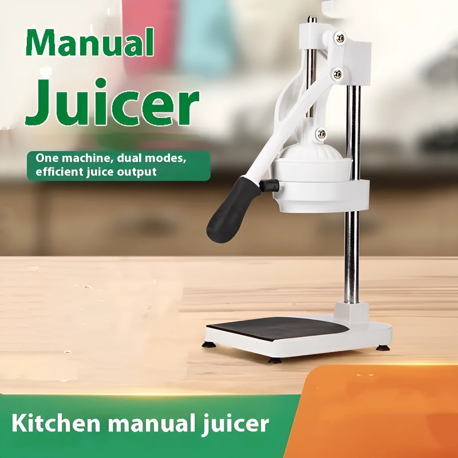 Stainless steel manual orange juicer with quick-disassembly design on countertop