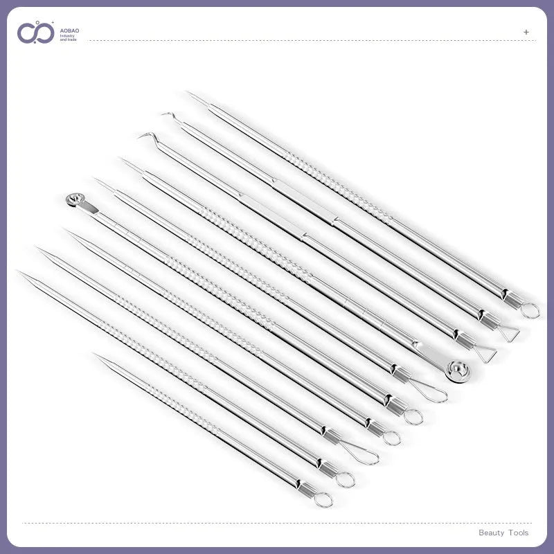 Four-piece metal acne needle set with ultra-fine pointed tips for blackhead removal