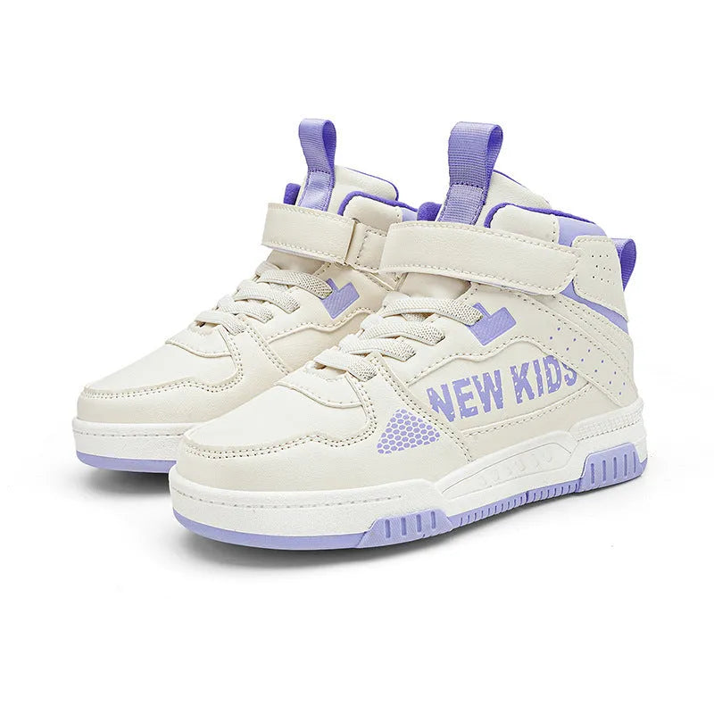 Children's unisex sneakers with buckle fastening in beige green, blue, white powder, and white & purple colours