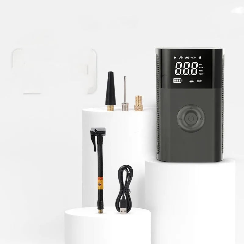 Wireless digital display air pump with car tyre adapter and pressure gauge on ABS housing
