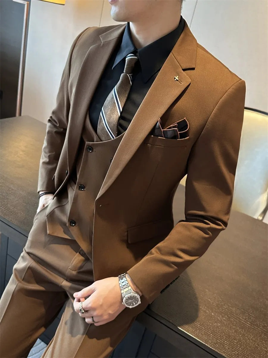 Men's slim-fit business trousers in chemical fibre blend available in camel, brown, and dark green colours