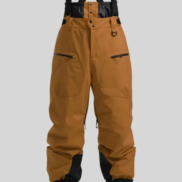 Men's black linen waterproof ski trousers with a thickened strap, laid flat.