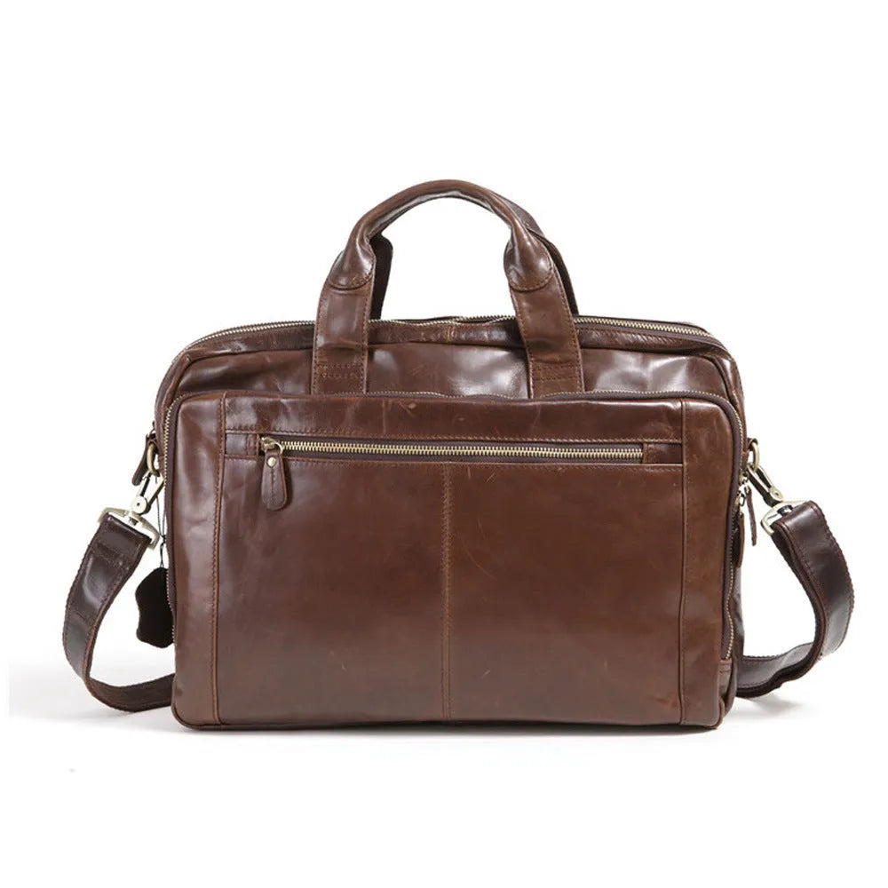 Brown men's business briefcase made from first layer cowhide leather with 18-inch laptop compartment