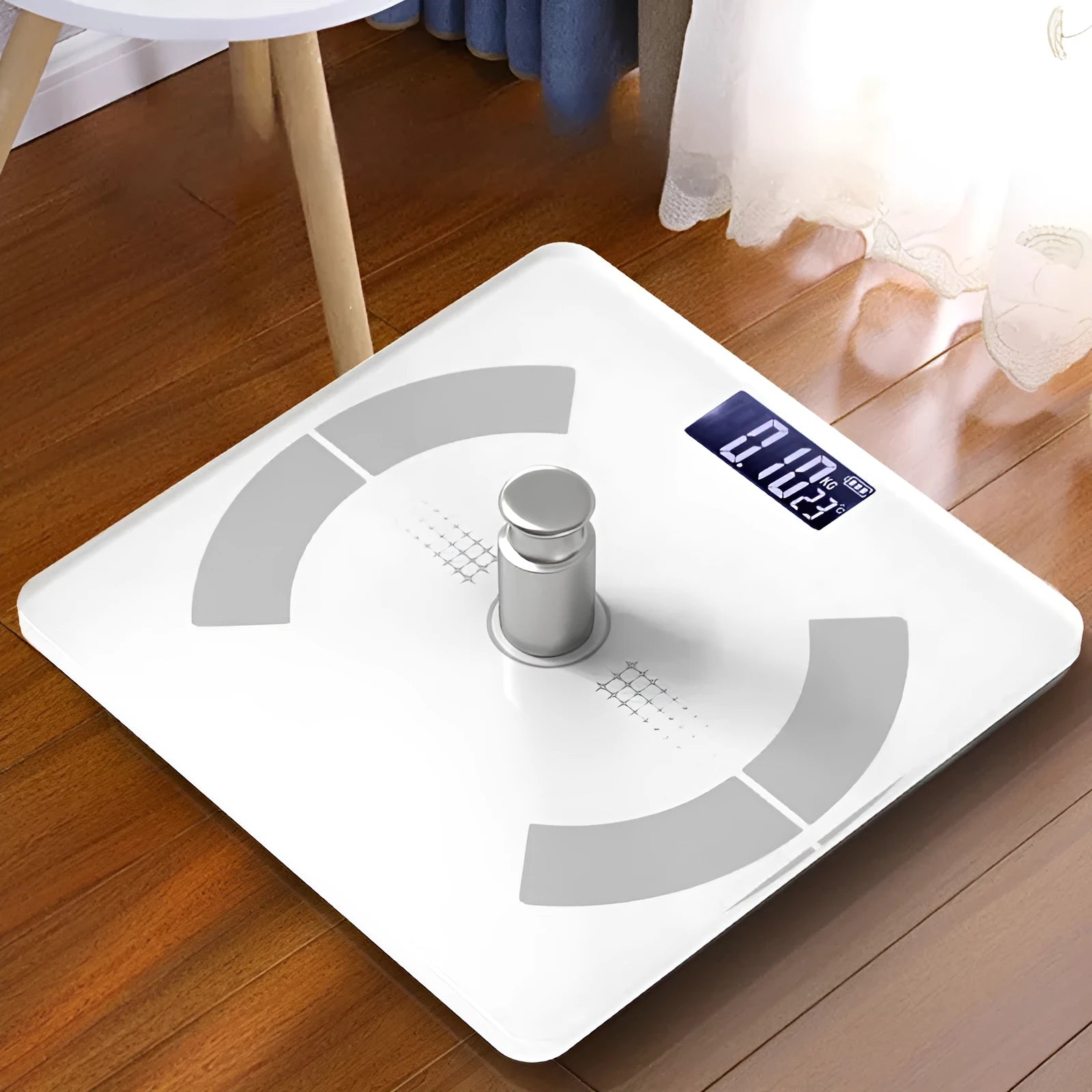 Smart Bluetooth rechargeable body fat scale in white, on a bathroom floor.