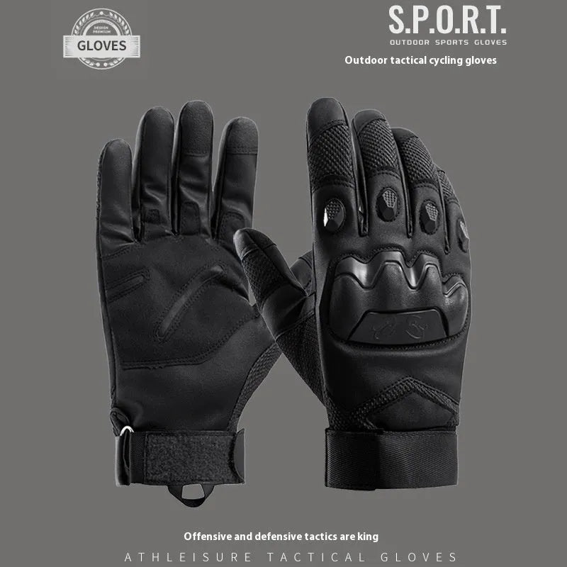 Men's black full finger tactical gloves with touch screen compatible fingertips on a hand.