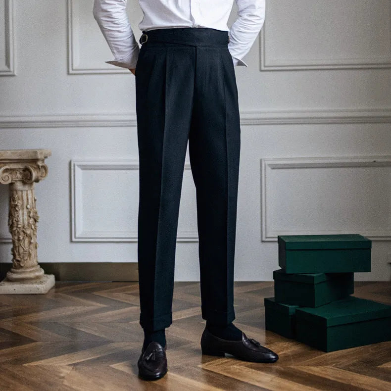 Men's high waist straight leg casual trousers in polyester fabric available in four colours