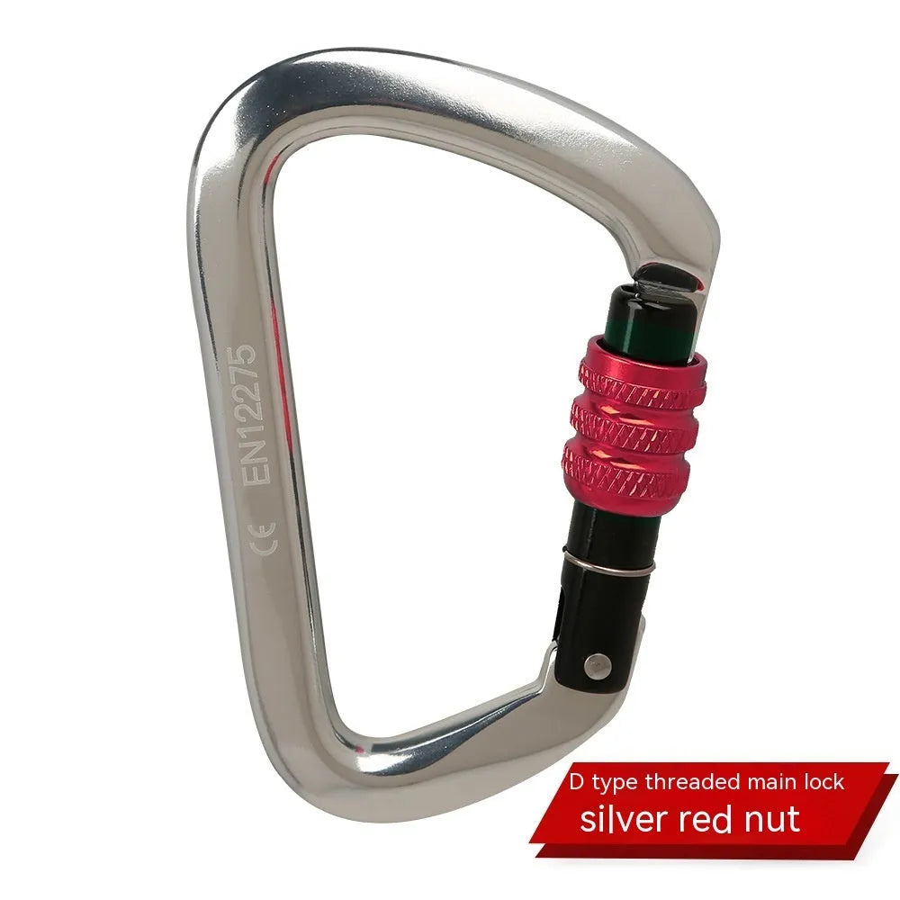 D-shaped rock climbing carabiner main lock with choice of threaded or automatic gate closure, shown in multiple colours.