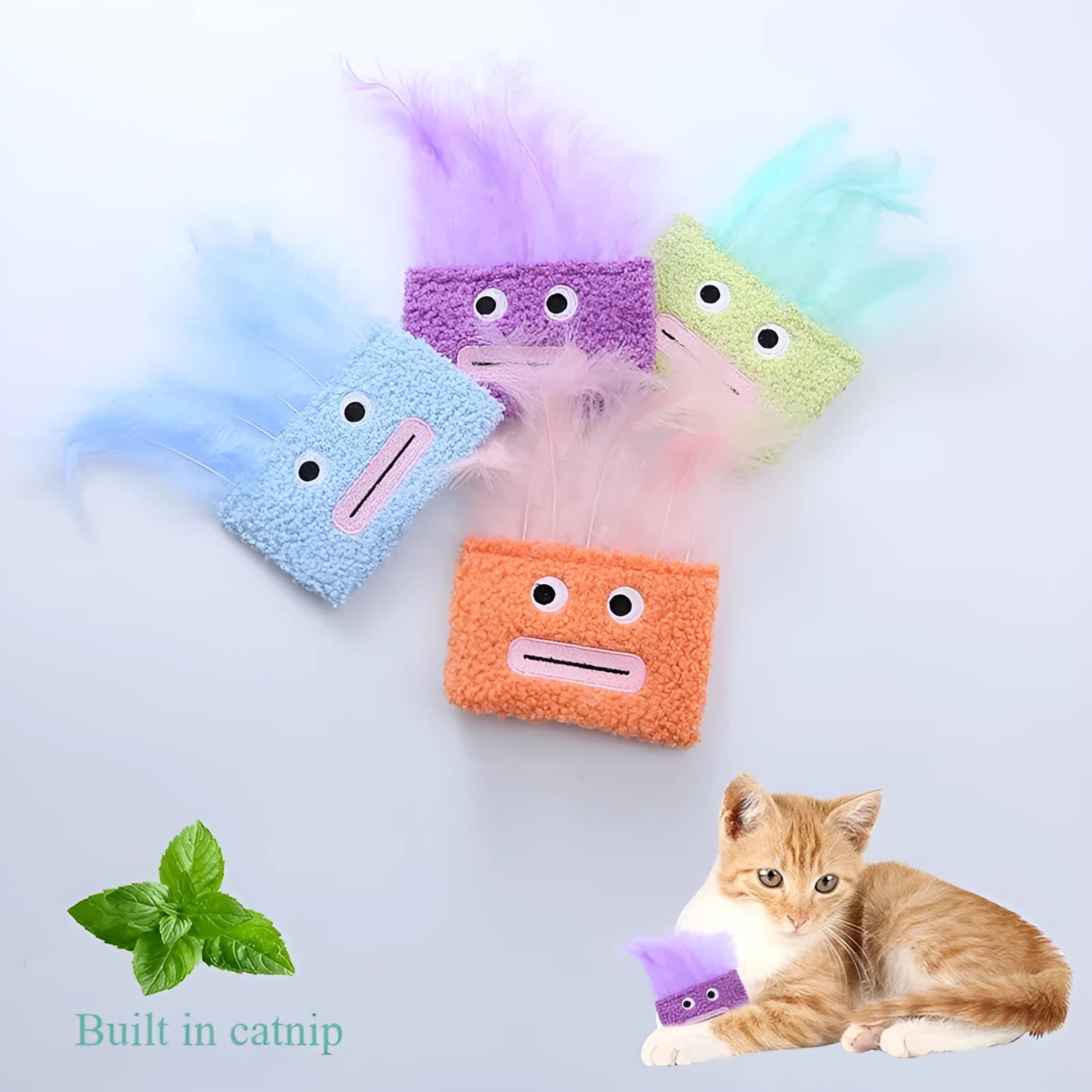 Colourful cat plush toy with a big mouth explosion head shape on a plain background.