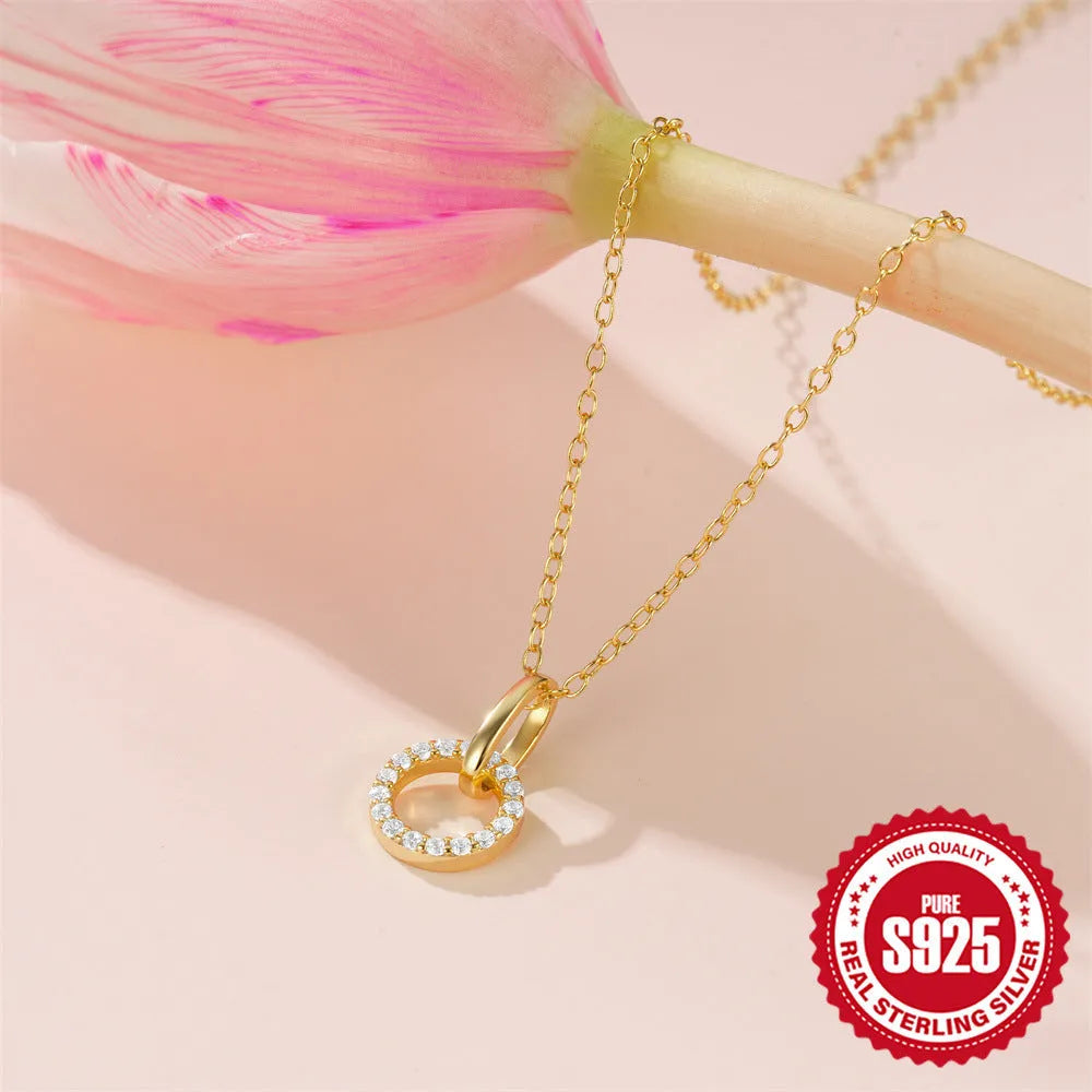 Gold-colour sterling silver clavicle chain necklace with geometric zircon pendant on adjustable 21-50cm chain