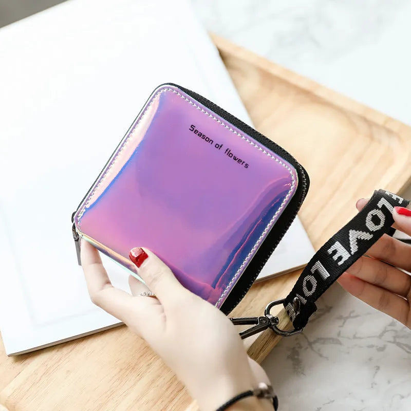 Compact women's Korean-style folding wallet in PU leather measuring 11cm x 11cm