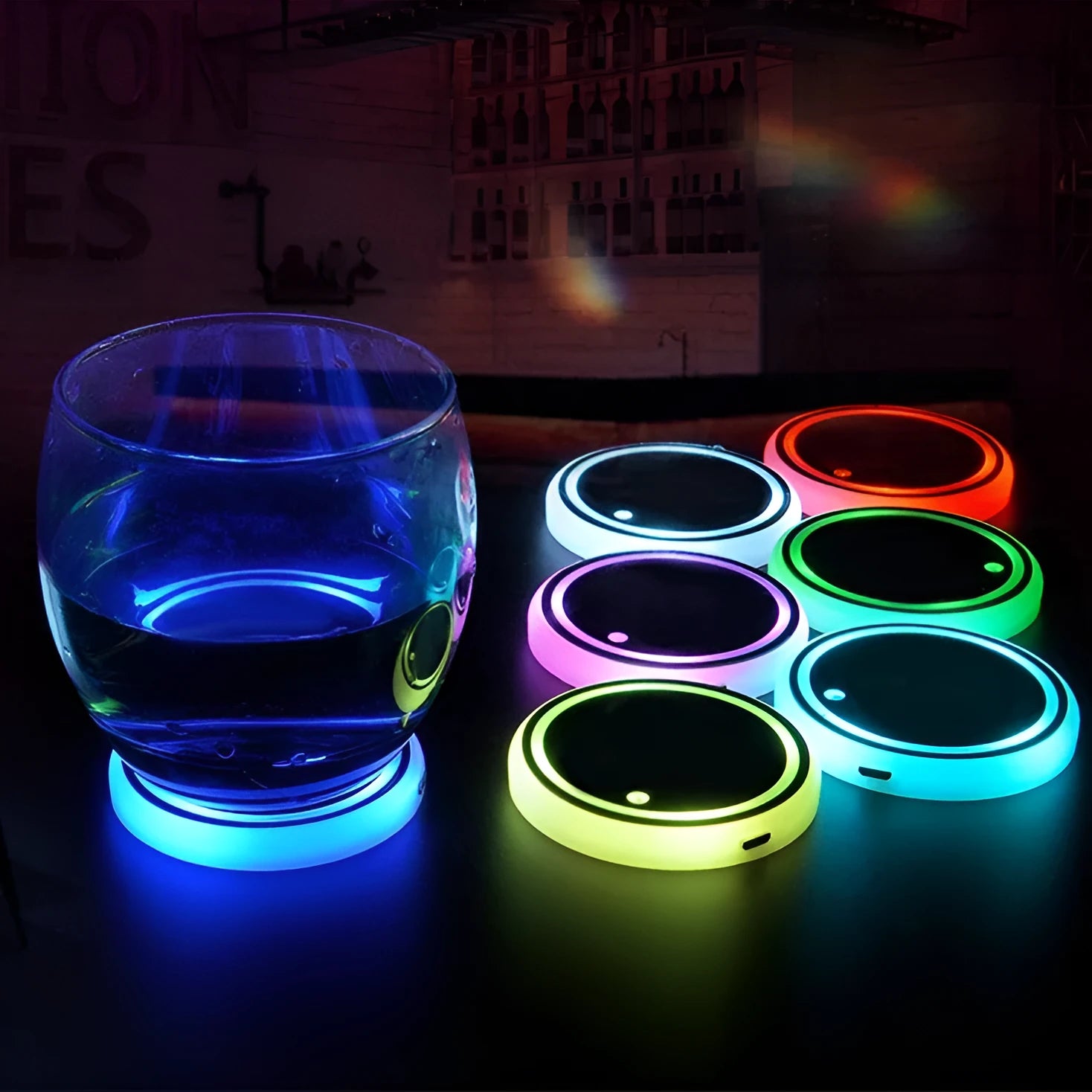 LED light-up coaster for car cup holders showing colourful illumination and 68mm diameter