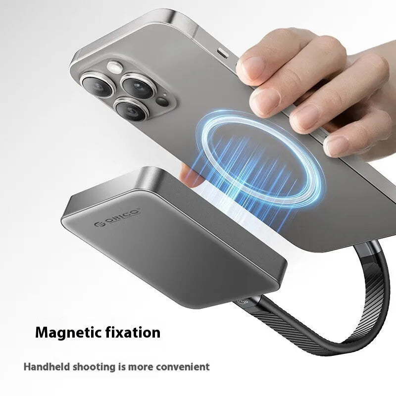 Grey magnetic mobile solid state drive with ultra-thin profile and magnetic suction ring for portable storage