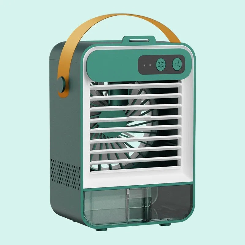 Compact desktop humidifier in dark green with USB port and control buttons