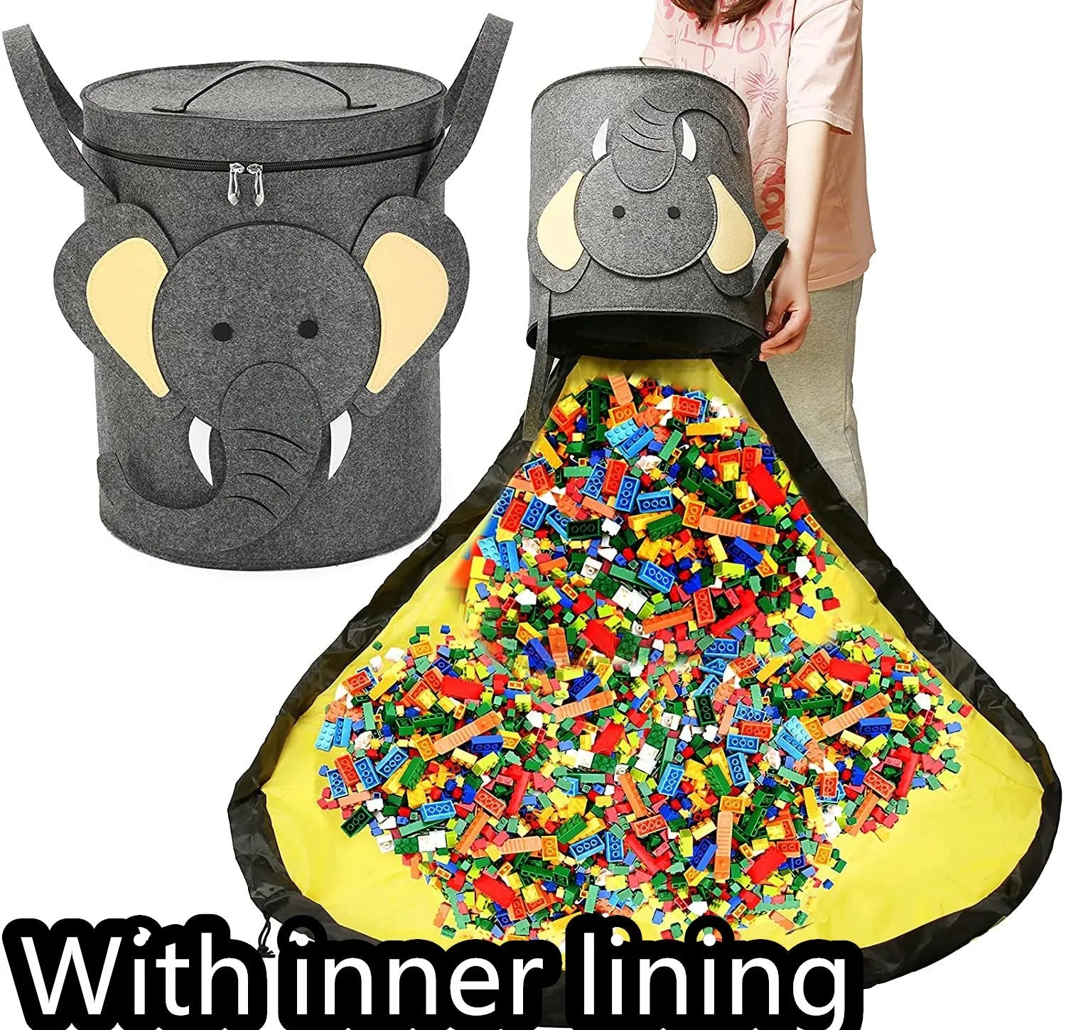 Green felt cube storage bag with pull rope serving as toy organiser and play mat
