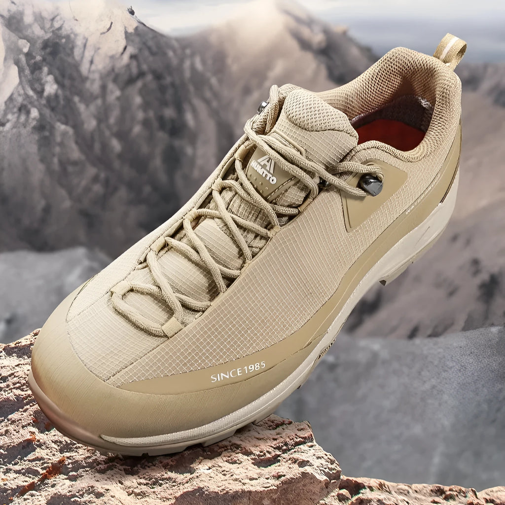 Men's low-top hiking boots in black with a leather mesh upper and rugged rubber outsole.