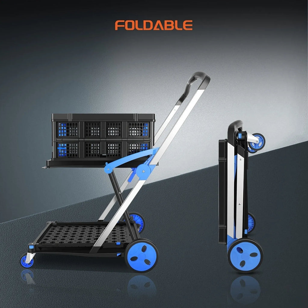 Foldable blue shopping trolley with two fabric basket compartments on a plastic frame.