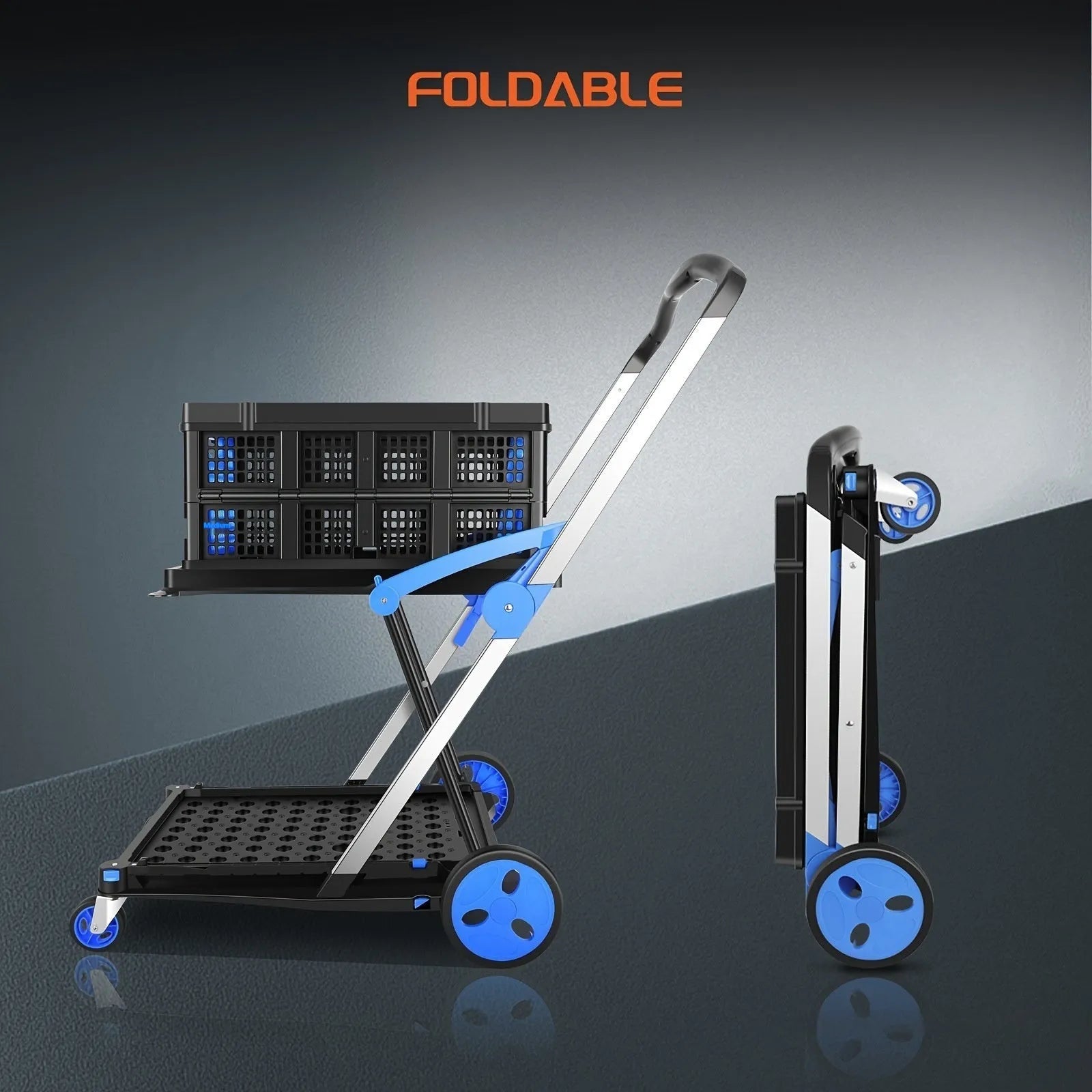 Foldable blue shopping trolley with two fabric basket compartments on a plastic frame.
