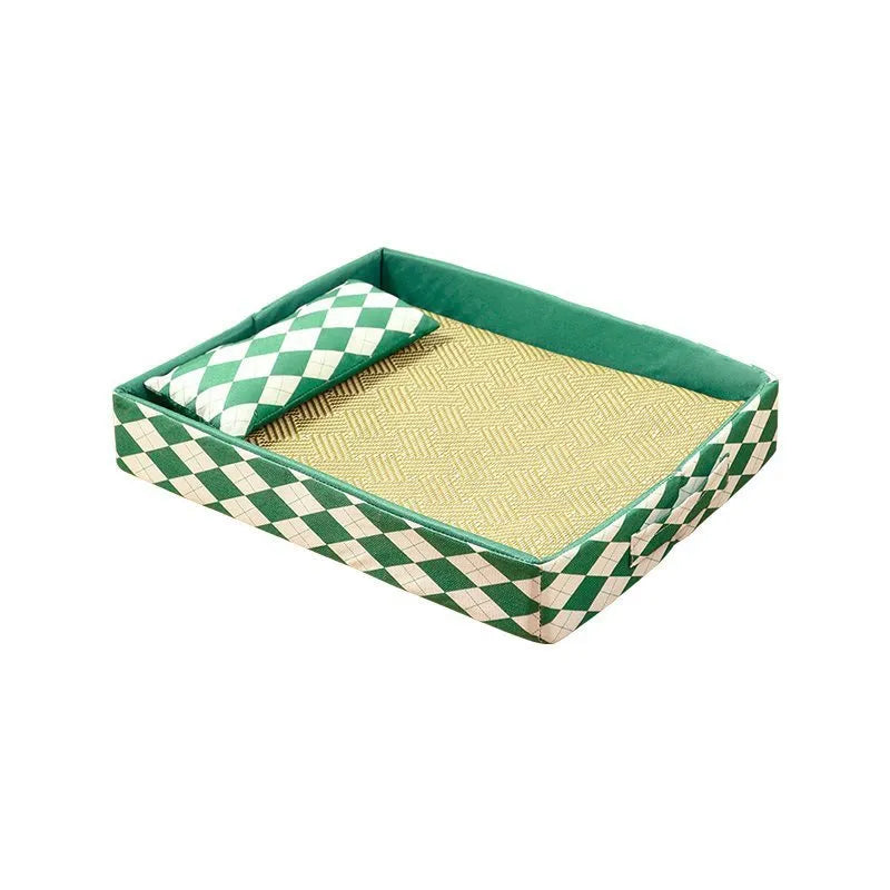 Blue rattan-textured cat litter mat and bed next to a litter tray