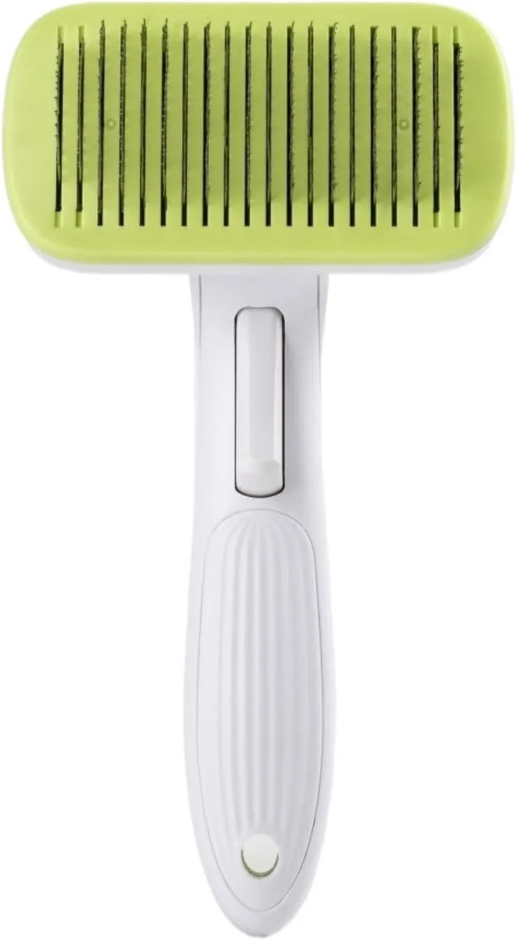 Automatic pet hair removal comb for dogs and cats in blue, grey, green or pink.