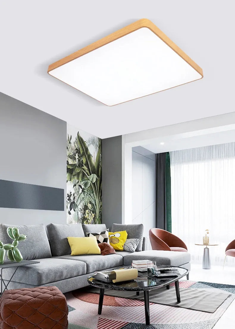Square Nordic LED ceiling light with white wood grain finish shown in three size options