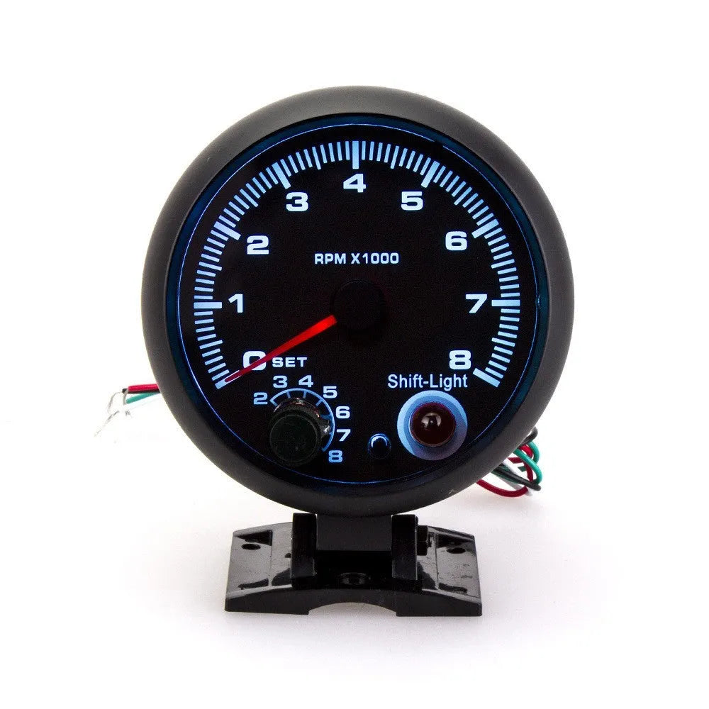 Black automotive tachometer with blue light pointer display measuring 95mm