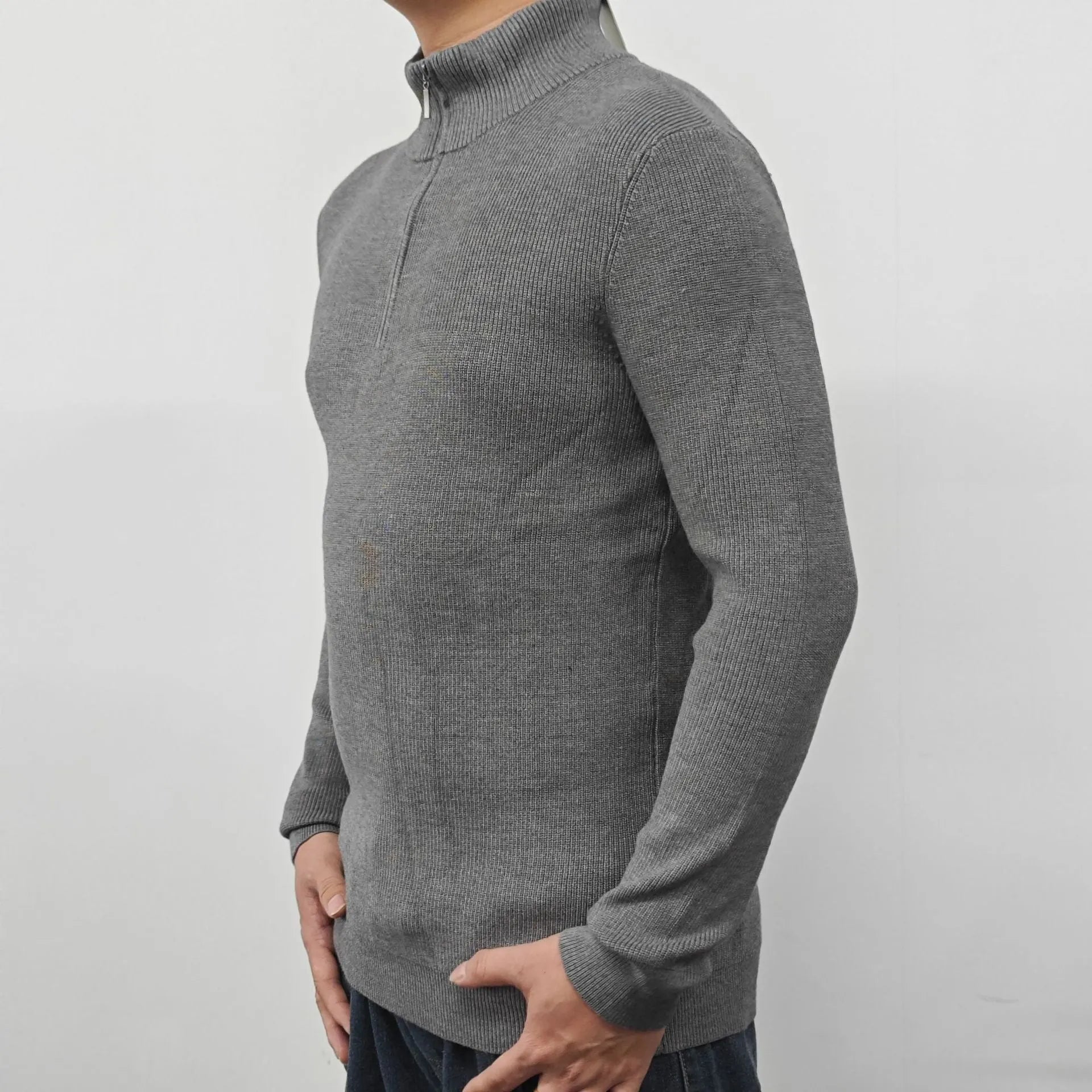 Men's half-turtleneck zip-front sweater in a cotton blend fabric, shown in multiple colours.