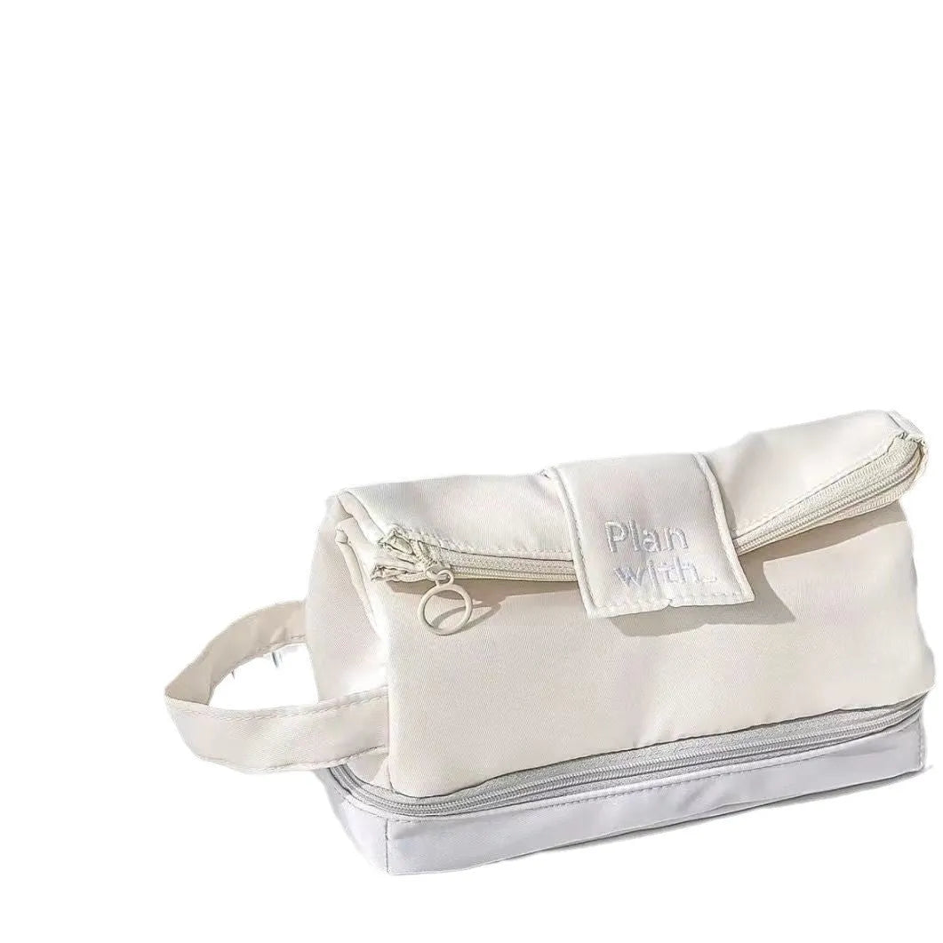 Folding double-layer polyester pencil case in dark blue, blue, and cream white colour options