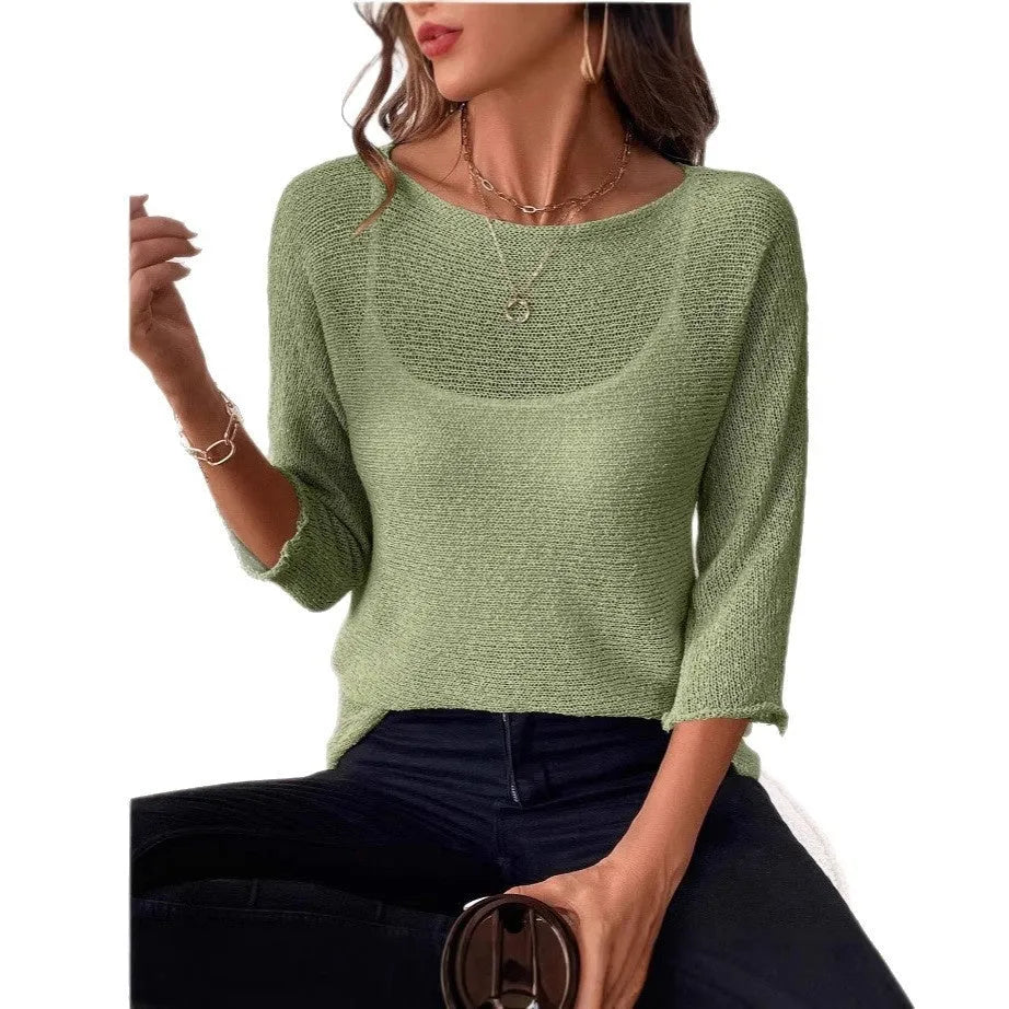 Women's thin knitted off-shoulder top in polyester with a 3D pattern, shown in a light colour.
