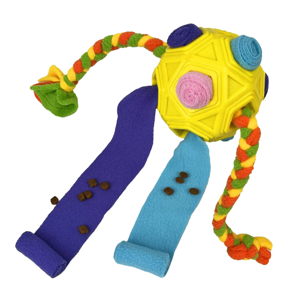 Colourful silicone dog snuffle ball puzzle toy for IQ training and slow feeding.