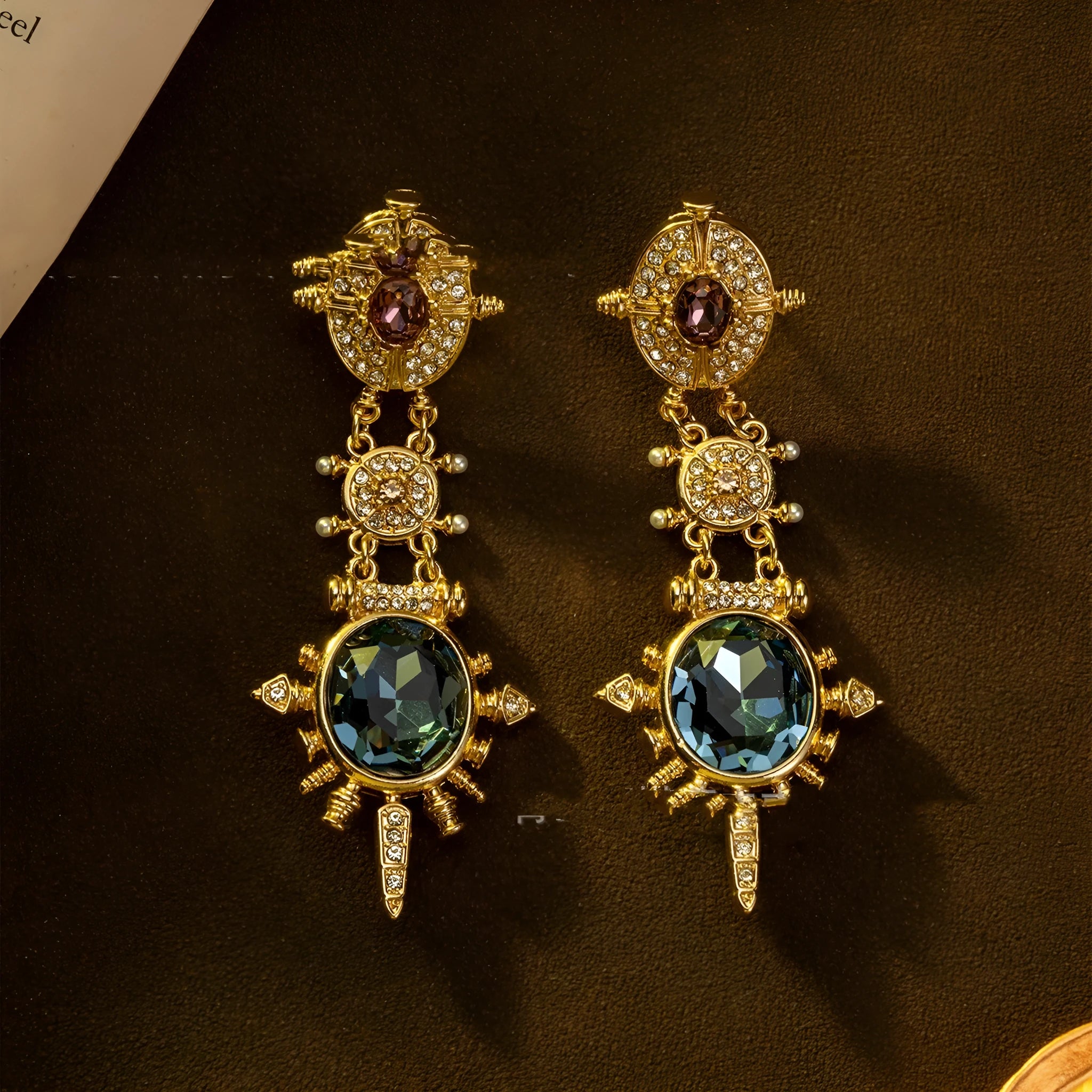 Gold colour retro geometric stud earrings with round design elements on alloy material