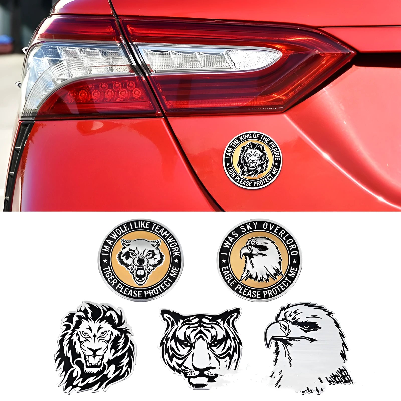 Aluminium car body decorative sticker showing animal emblem designs for vehicle exterior customisation