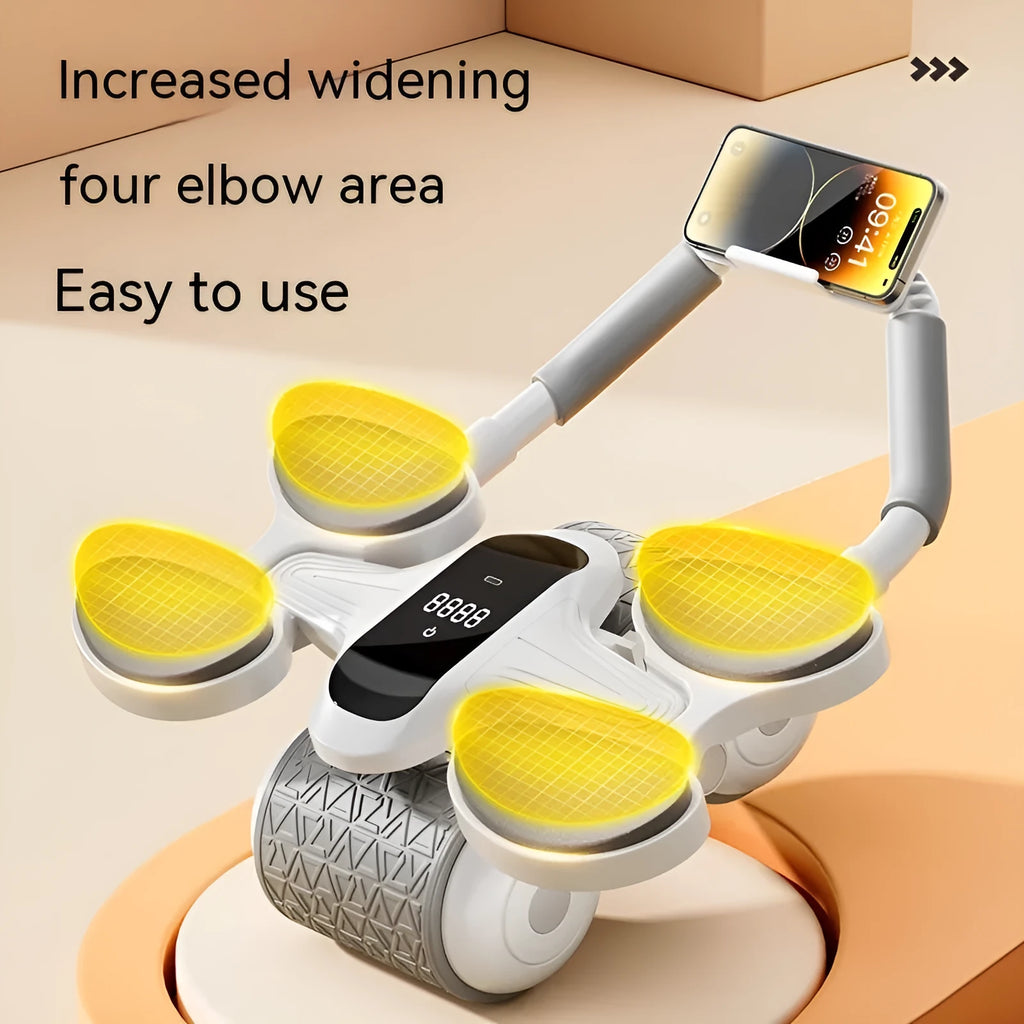 White intelligent abdominal roller fitness equipment with LED large screen timing counter and included hassock