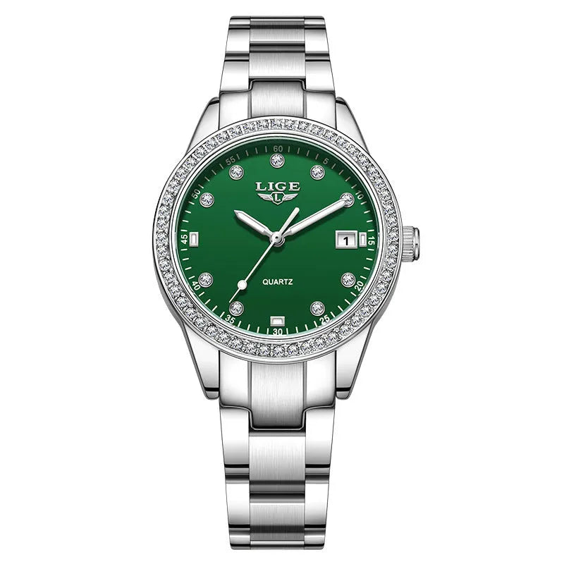 Women's fashion quartz watch with stainless steel case, diamond bezel, and luminous hands in silver colour options