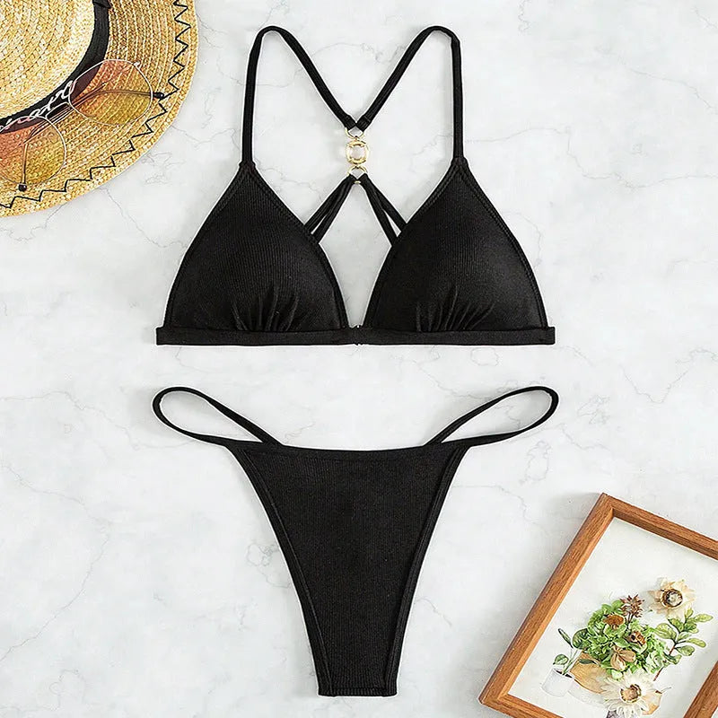Black women's hollow backless split front triangle bikini swimsuit set
