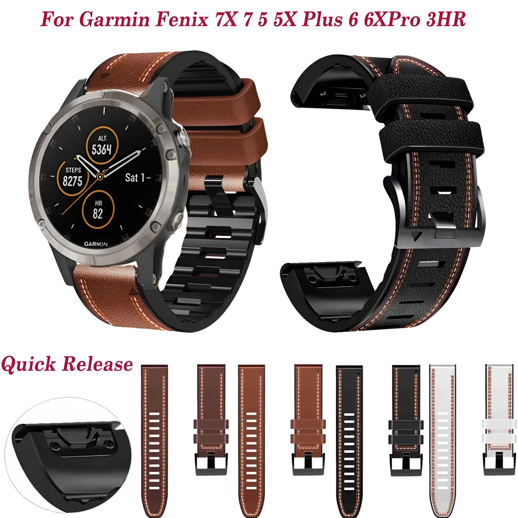 Silicone leather watchband for Garmin Fenix smartwatches with quick release bars in black colour.