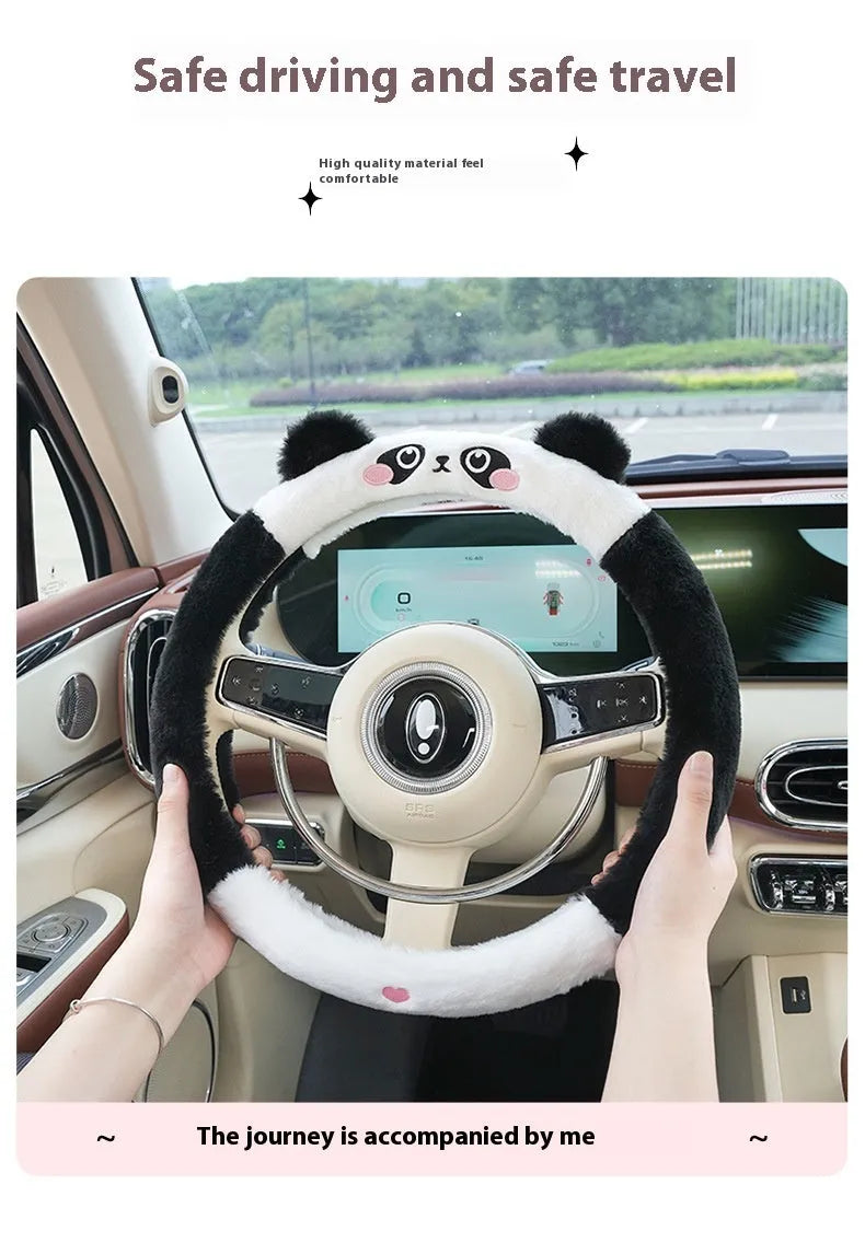 Plush rabbit fur steering wheel cover with animal embroidery for 38cm diameter winter use