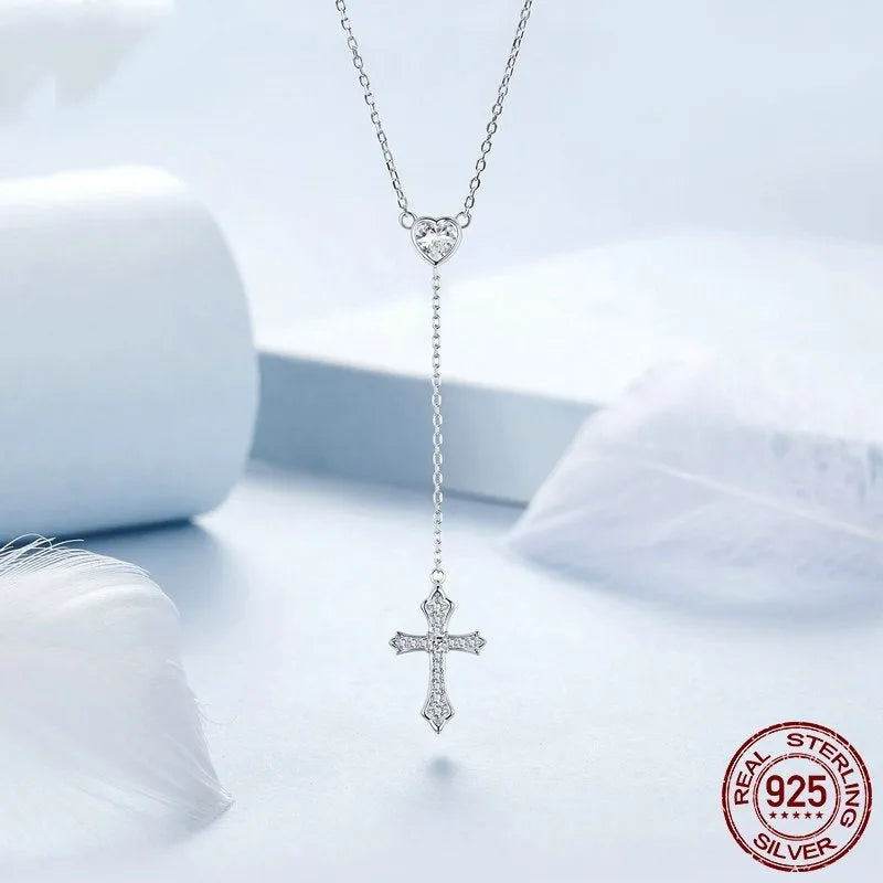 925 silver love cross necklace with V-neck pendant design on O-ring chain for women in BSN384 colour