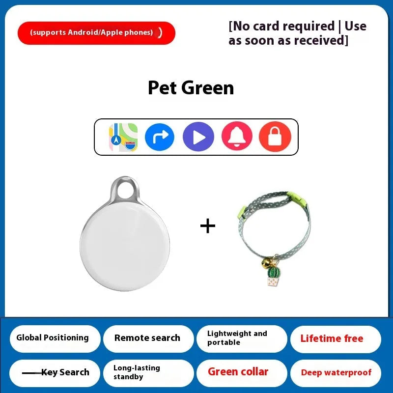 A white GPS pet tracker device attached to a black dog collar on a grass background.