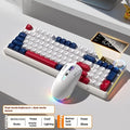 Blue and white wireless mechanical keyboard and mouse set on a desk, showing Type-C cable.